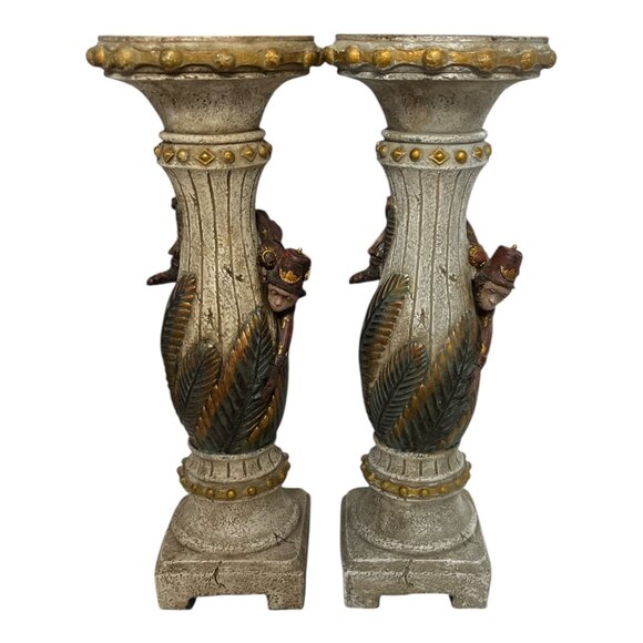 Pair of Vintage Monkey Candle Holders – Polystone Resin, Hand-Painted Pedestals, - Picture 2 of 5